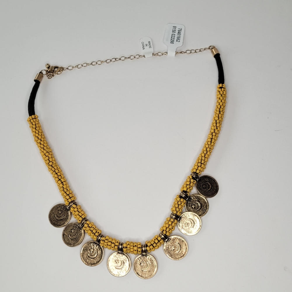 NWT Free People Mustard Beaded Necklace with Brass Pendants
